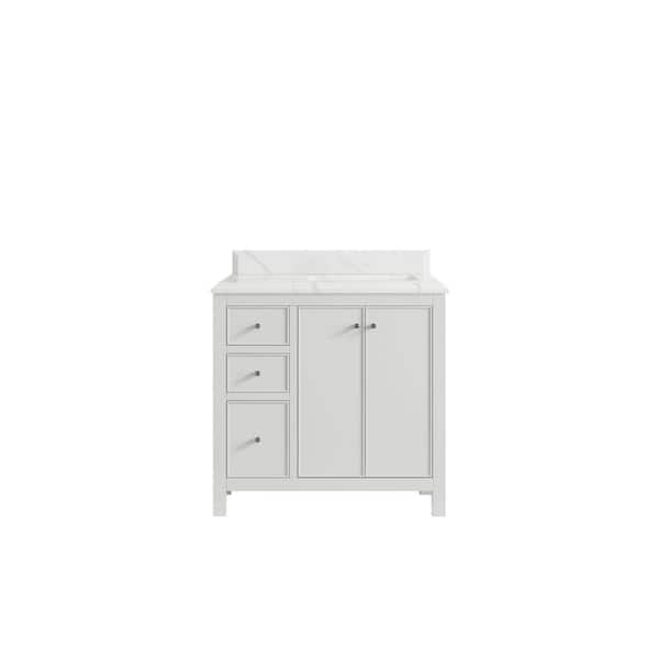 Willow Collections Chicago 36 in. Right Offset Sink Freestanding White Bath Vanity with Calacatta Laza Qt. Top Unassembled
