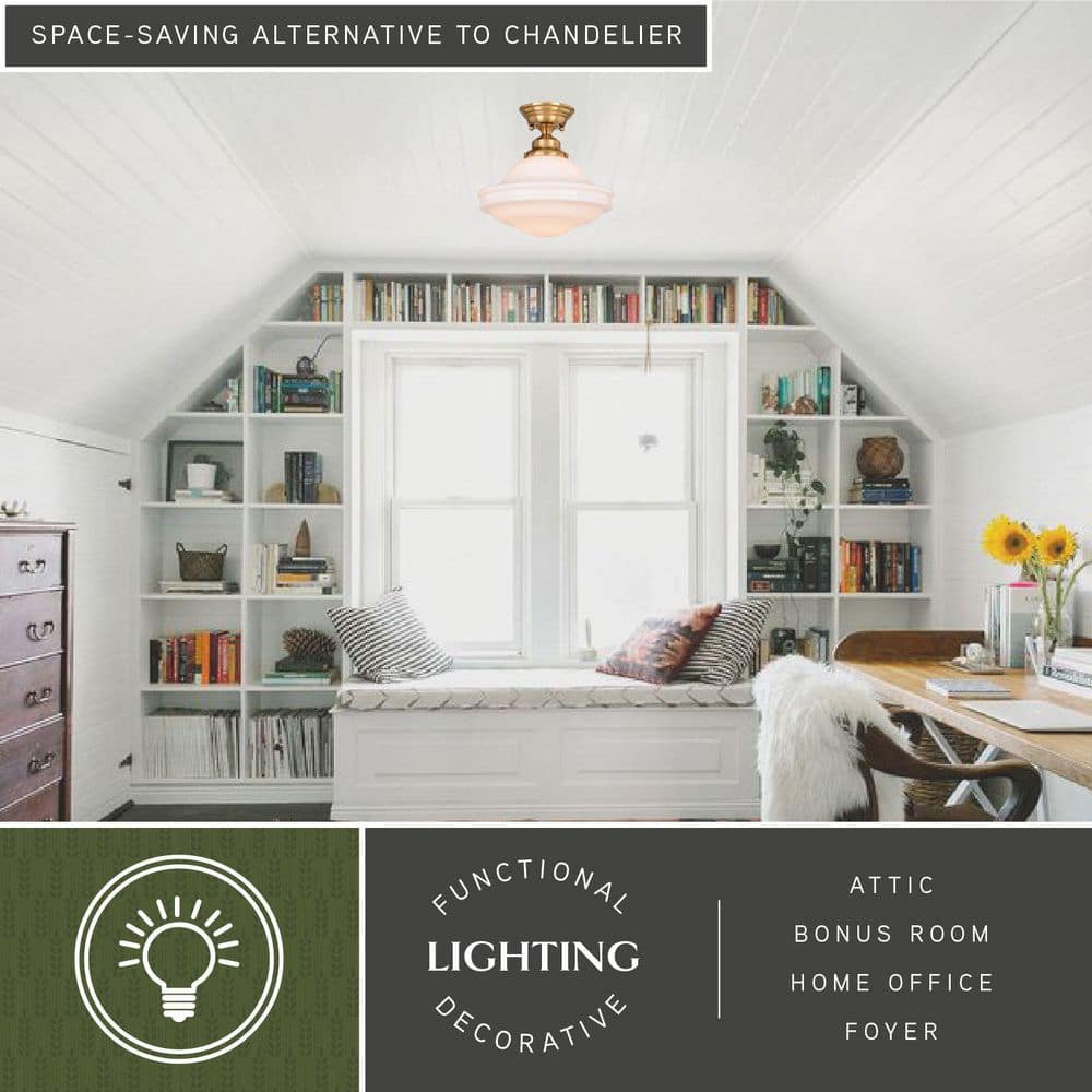 Huntley 12" Natural Brass and White Glass Semi-Flush Ceiling Light