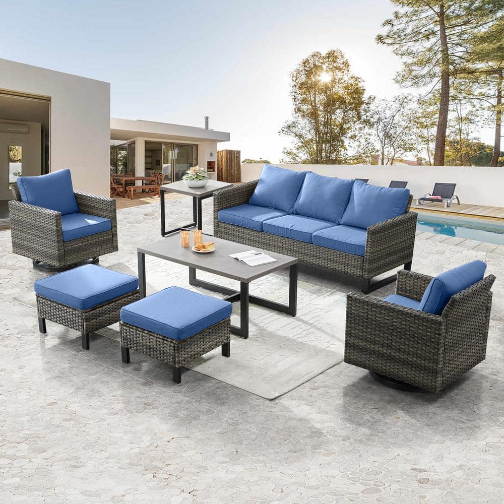 Gymojoy Valenta Gray Wicker 7-Piece Patio Conversation Set with Blue ...