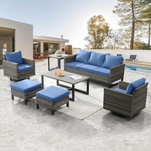 Valenta Gray Wicker 7-Piece Patio Conversation Set with Blue Cushions