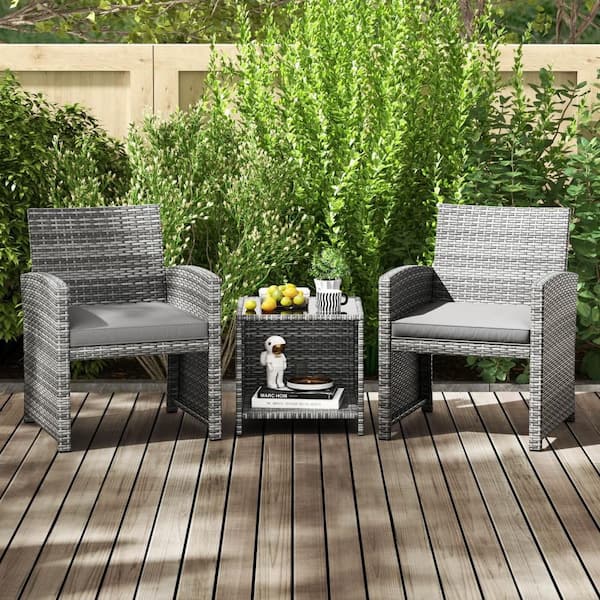 3-Piece Wicker Patio Conversation Set with Tempered Glass Coffee Table and Soft Seat Gray Cushions