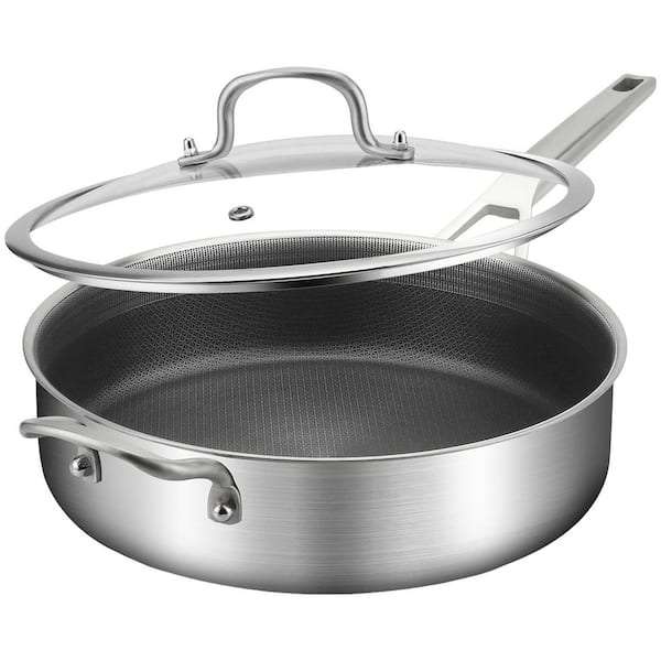 Tri-Ply Stainless Steel 7 Quart Nonstick Saute Pan with Lid, Food Grade 18/10 Surface, Induction Safe