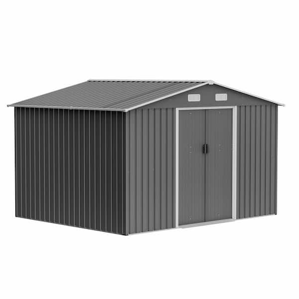 10 ft. W x 8 ft. D Gray Metal Storage Shed with Foundation and Lockable Doors for Garden, Patio, Backyard (80 sq. ft.)