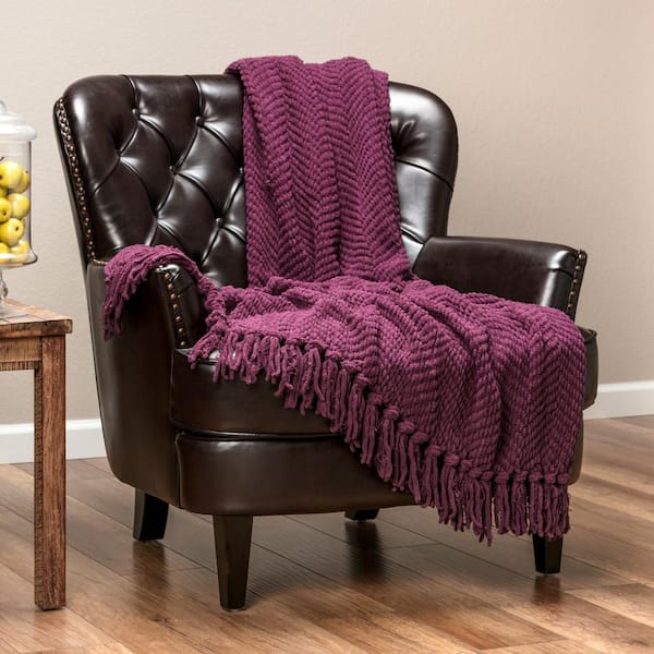 CHANASYA Textured Knit Aubergine Acrylic Polyester Throw Blanket with Tassels - 50 in. x 65 in.