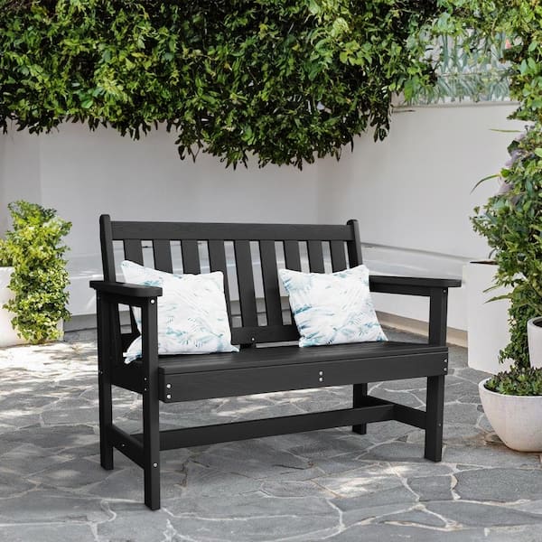 JEAREY Garden Bench All-Weather HDPE 2-Person Plastic Outdoor Bench in Black