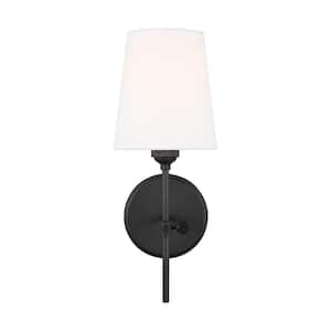 Baker 5.5 in. W x 14.25 in. H 1-Light Midnight Black Wall Sconce with White Linen Fabric Shade