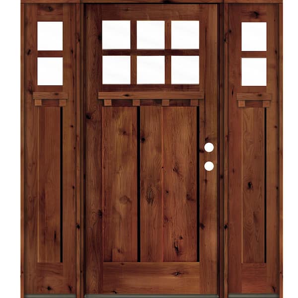 Krosswood Doors 60 in. x 80 in. Craftsman Alder 2-Panel Left-Hand/Inswing 6-Lite Clear Glass Red Chestnut Stain Wood Prehung Front Door
