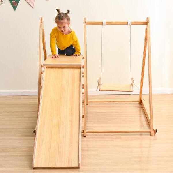 Unbranded LN20232279 Wood Indoor Swing Set with Rock Climb Ramp for Toddlers - 3