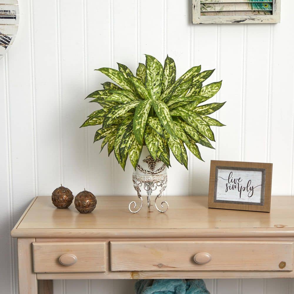 Lush Green Artificial Aglaonema in Distressed White Planter