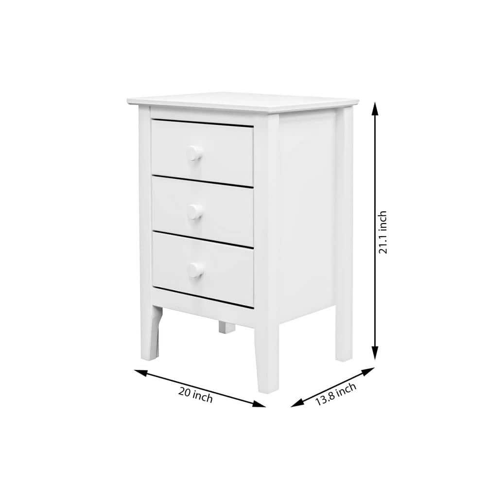 Sustainable Solid Pine 3-Drawer White Nightstand
