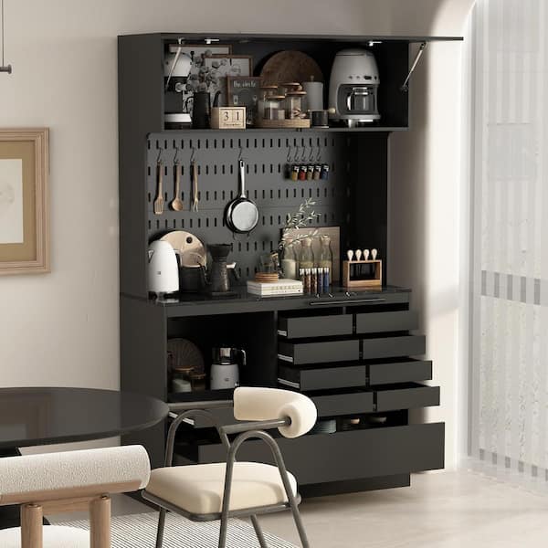 FUFU&GAGA Black Color Wood 47.2 in. W Buffet Kitchen Cabinet Food Pantry With Metal hooks, Drawers, Open Work Table (78.7 in. H)