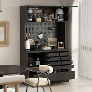 Black Color Wood 47.2 in. W Buffet Kitchen Cabinet Food Pantry With Metal hooks, Drawers, Open Work Table (78.7 in. H)