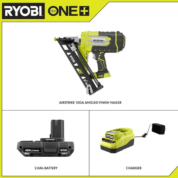 RYOBI ONE+ Cordless AirStrike 15-Gauge Angled Finish Nailer and 2.0 Ah Compact Battery and Charger Kit P330-PSK005 - The Home Depot