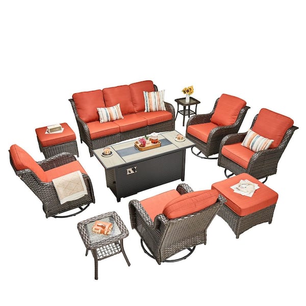 Garnet 10-Piece Wicker Outdoor Fire Pit Patio Conversation Sofa Set with Swivel Rocking Chairs and Orange Red Cushions