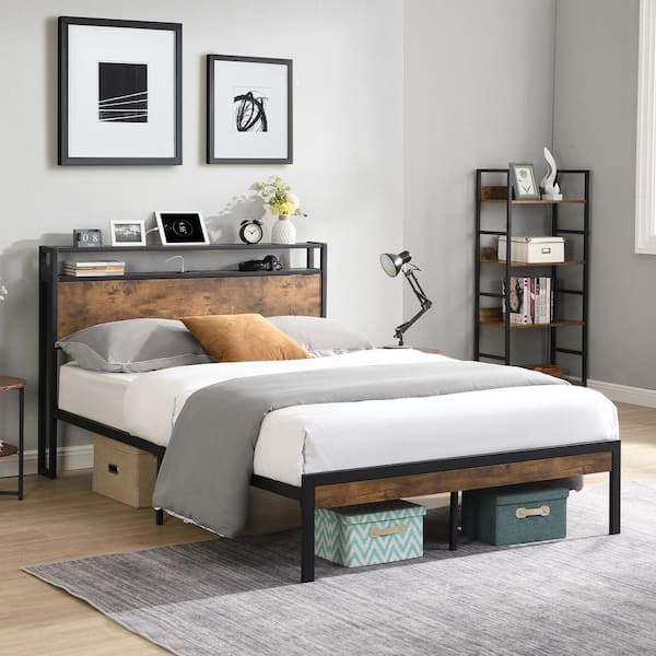 URTR Modern Industrial Black Metal Frame Queen Platform Bed with Wooden Storage Headboard, Charging Station, Underbed Storage