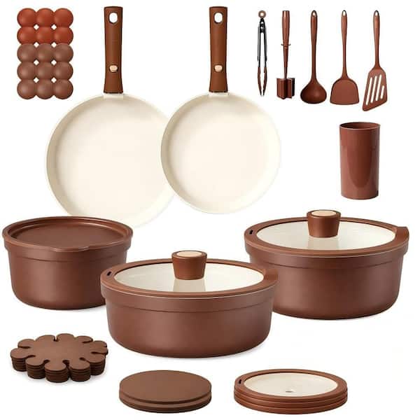 Chocolate Brown 22 Piece Ceramic Nonstick Cookware Set, Removable Handle Non Toxic Kitchen Pots Pans Set for All Stoves