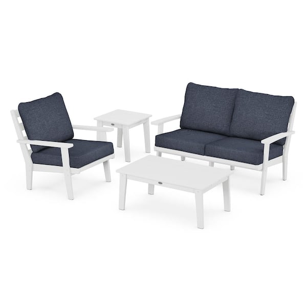 POLYWOOD Grant Park White 4-Piece Plastic Patio Deep Seating Set with Stone Blue Cushions
