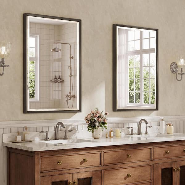 2 Pack 24 in. W x 36 in. H Modern Double Beveled Aluminum Frame Rectangular Wall Mirror, Brushed Black