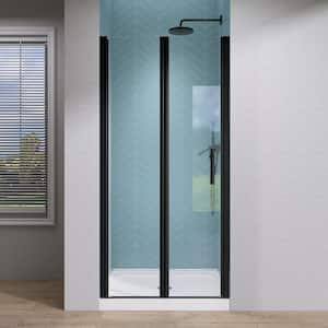 36 to 37.25 in. W x 72 in. H Bifold Semi-Frameless Pivot Swing Shower Door Hinged Shower Panel in Black with Clear Glass