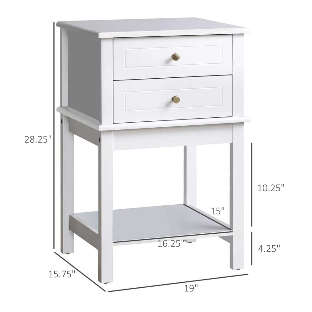 Modern White Wood Side Table with Storage Drawers and Shelf