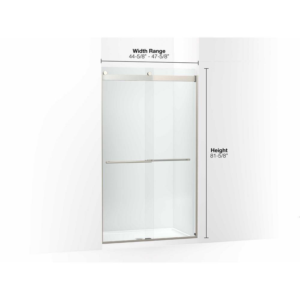 Levity Frameless Sliding Shower Door with Anodized Brushed Nickel Finish and Crystal Clear Glass