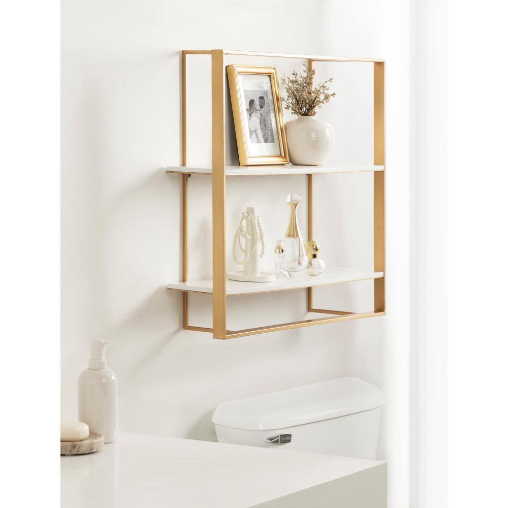 Gold and White Modern Floating Wall Shelf with Wooden Tiers