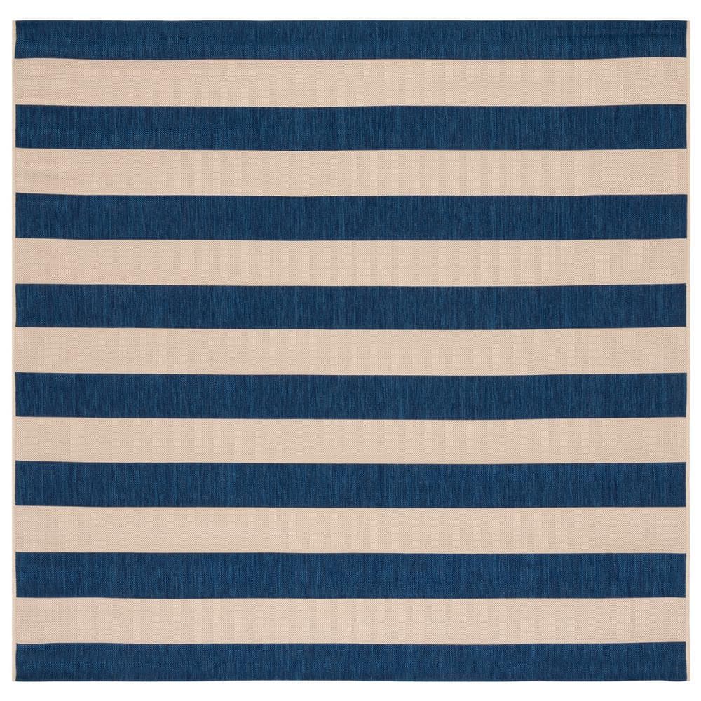 Beige and Navy Striped Square Synthetic Indoor/Outdoor Rug