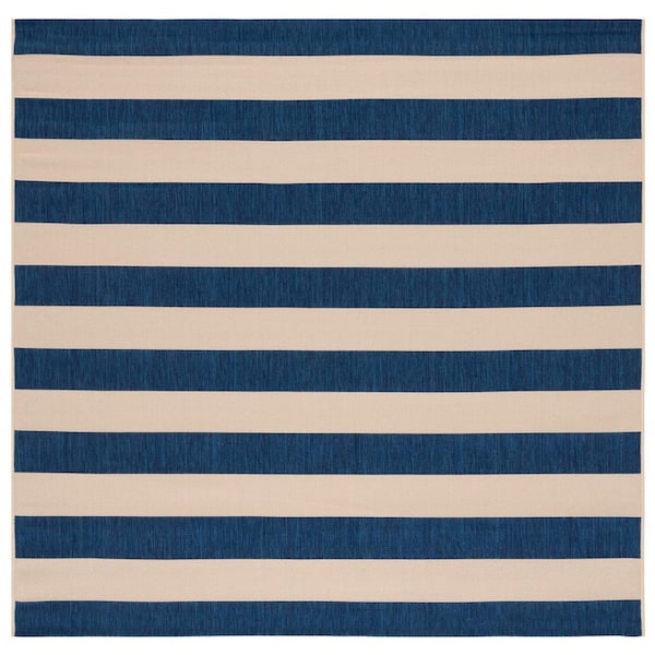 SAFAVIEH Courtyard Beige/Navy 7 ft. x 7 ft. Awning Stripe Indoor/Outdoor Square Area Rug
