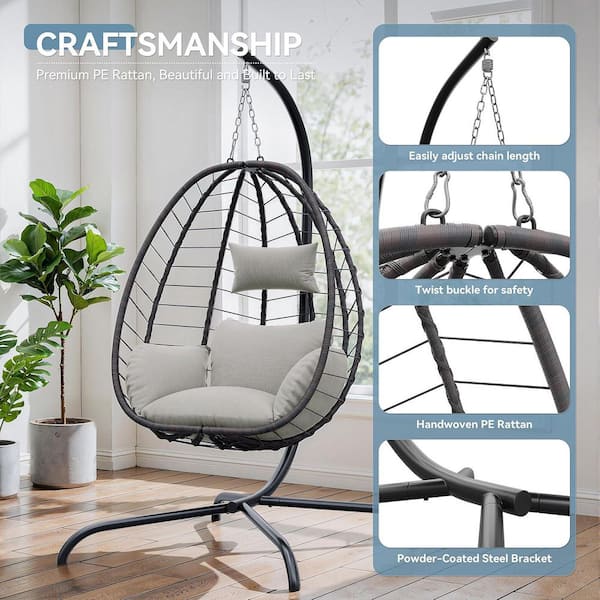 Foldable 44 in. 1-Person Brown Wicker Patio Swing Egg Chair with Stand and Cream Cushion for Backyard