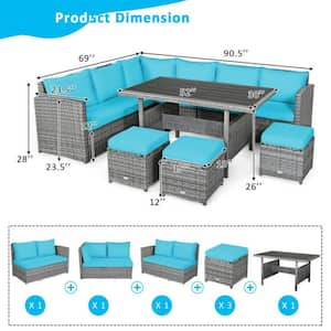 7-Piece Wicker Patio Conversation Set Outdoor Sectional Sofa Set with Turquoise Cushions and Dining Table