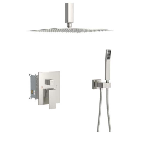 Fapully Single Handle 2-Spray Shower Faucet 1.8 GPM with Drip Free, 12'' Ceiling Mount with Hand Shower in. Brushed Nickel
