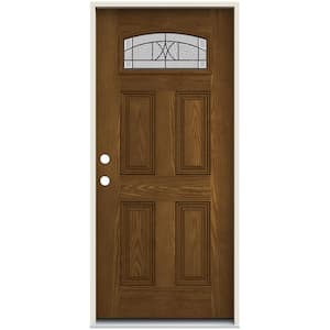 36 in. x 80 in. Right-Hand Camber Top Tryon Decorative Glass Mocha Stain Fiberglass Prehung Front Door w/Brickmould