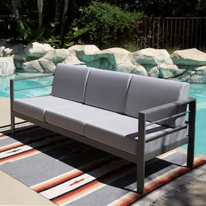 Modern and Contemporary Gray Aluminum Outdoor Sectional Couch with Removable Grey Cushions (3-Seat)