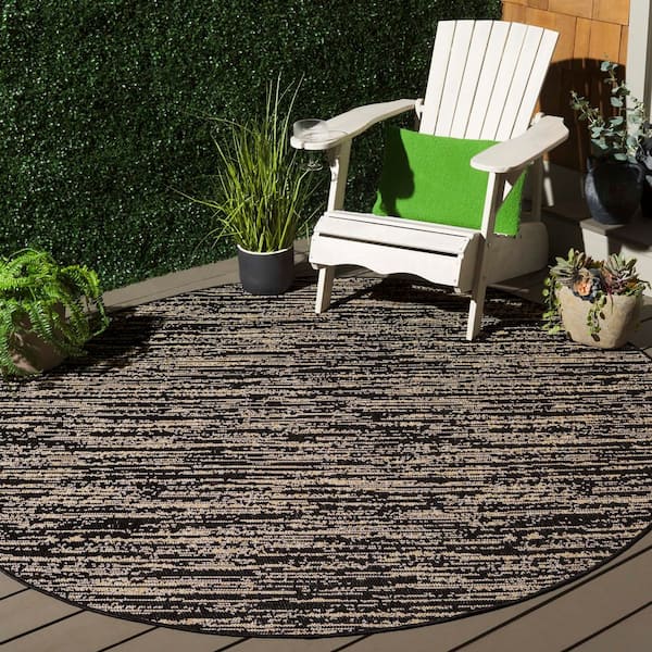 Beach House Black/Beige 7 ft. x 7 ft. Distressed Striped Solid Indoor/Outdoor Round Area Rug