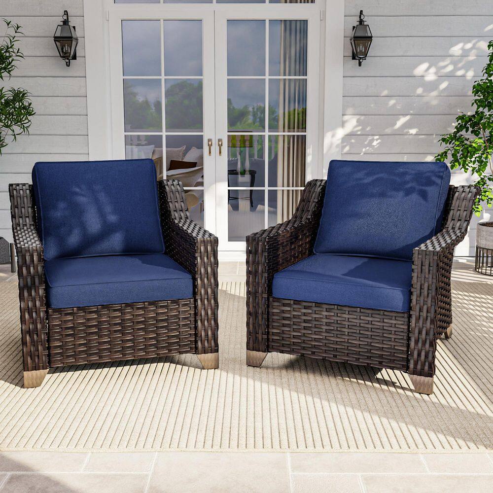 3-Piece Wicker Outdoor Lounge Chair Set with Thick Blue Cushions and Side Table price history on PriceWatchPro