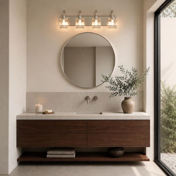 30 in. 4-Light Nickel Modern Rectangular Metal Vanity Lights Fixture with Clear Glass Shades for Bathroom or Bedroom