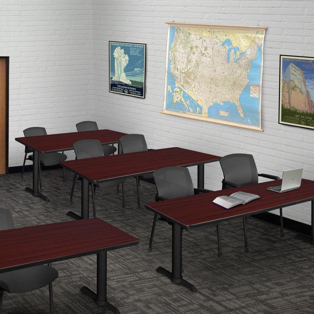 Cain 72 in x 24 in. Mahogany T-Base Training Seminar Table Desk and 2 Knight Mesh Chairs