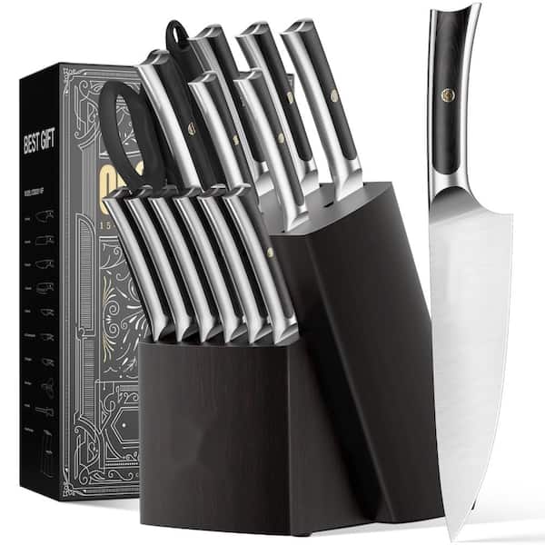 15-Piece Kitchen Knife Set with Wooden Block and Sharpener, High-Carbon X50CrMoV15 Steel, Pakkawood Grip
