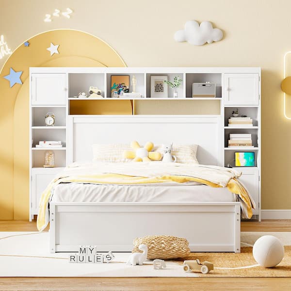 White Wood Frame Queen Platform Bed with All-in-One Cabinet, Shelf and Sockets, Twin XL Trundle
