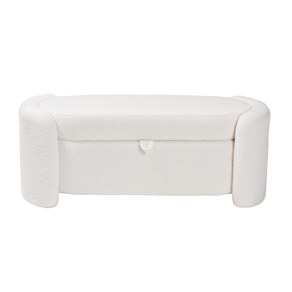 Ivory Boucle Upholstered Ellipse Storage Bench with Oak Frame