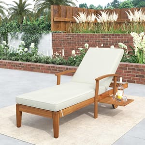 Easy-moving Brown Wood Outdoor Chaise Lounge with Beige Cushions and Wheels