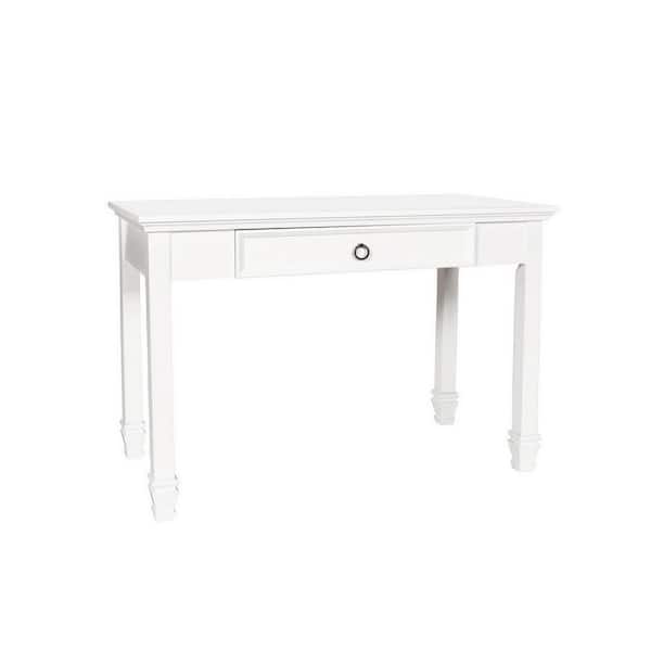 Benjara 30 in. White Single Drawer Wooden Writing Desk with Metal Ring Pull and Tapered Legs