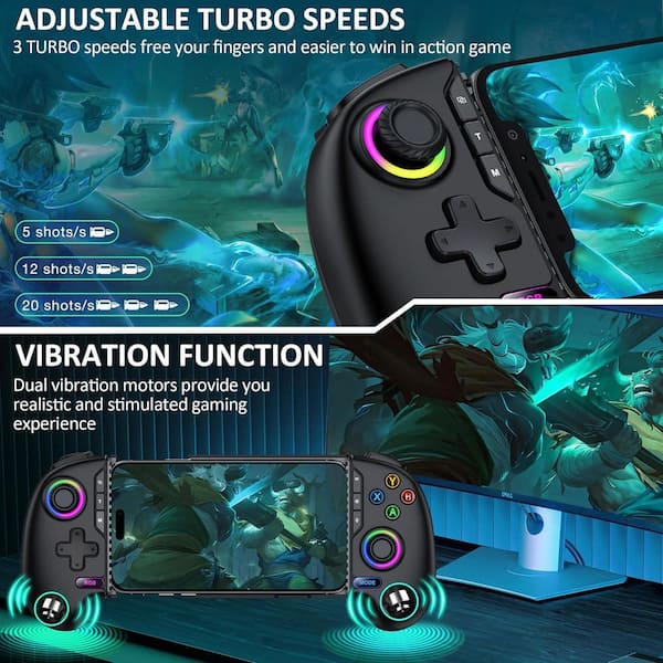 OBJLGEV Wireless Phone Controller for iPhone Android with Hall Joystick RGB Gaming Support Xbox Cloud Steam Link Black