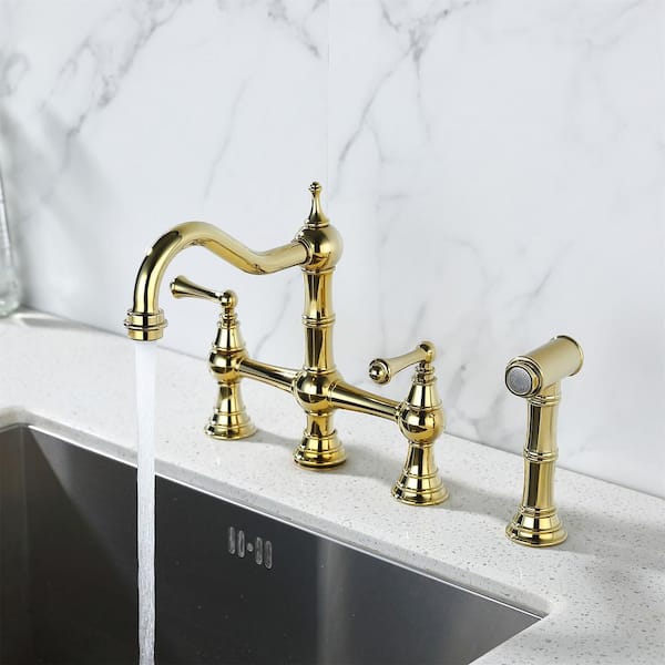 FLG Double Handle Bridge Kitchen Faucet with Side Sprayer 4 Holes Brass  Widespread Kitchen Sink Faucets in Polished Gold DD-0051-PG - The Home Depot