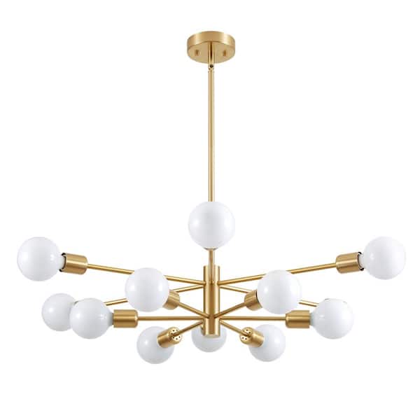 Deyidn Modern 12-Light Gold Sputnik Chandelier Ceiling Light Height Adjustable for Dining Room with no Bulbs Included