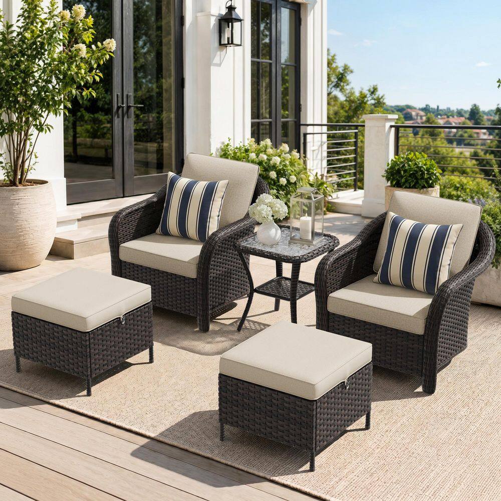 Smiley 6-Piece Brown Wicker Outdoor Rocking Chairs Patio Swivel Chairs with Headrest, Beige Cushions and Side Table price history on PriceWatchPro
