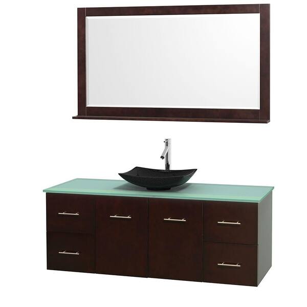 Wyndham Collection Centra 60 in. Vanity in Espresso with Glass Vanity Top in Green, Black Granite Sink and 58 in. Mirror