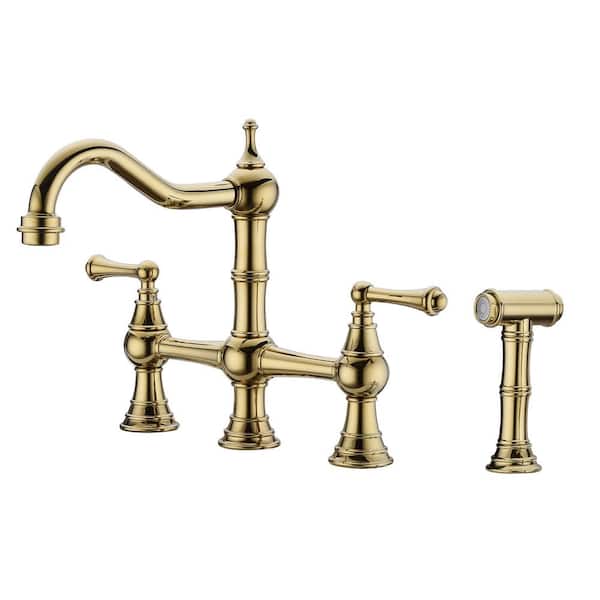 Mondawe Double Handle Solid Brass Hot and Cold Bridge Kitchen Faucet with Pull Out Side Spray in Polished Gold
