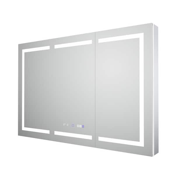 WELLFOR 54-in x 36-in Lighted LED Fog Free Surface/Recessed Mount Silver Mirrored Soft Close Medicine Cabinet with Outlet