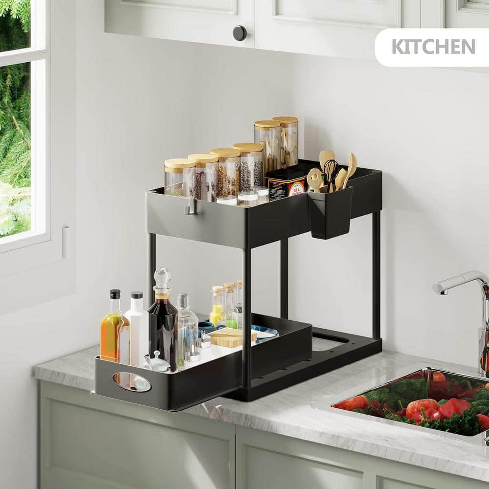 Black 2-Tier Under Sink Organizer with Sliding Drawer